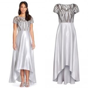 NWT Adrianna Papell sz 16 Silver Satin Embroidered Sequined Hi-Low Formal Gown